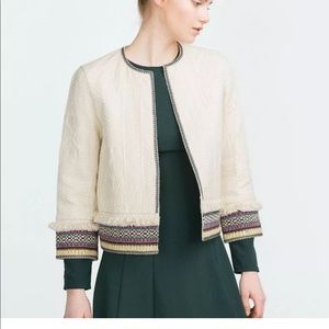 Zara Womens Trafaluc Fringed Short Jacquard Jacket Blazer / Jacket White Size M